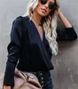 Women's Polos 2024 Spring Deep V Neck Sexy Satin Women Shirts Long Sleeve Solid Color Party Club Fashion Crop Top