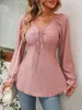 Damen-T-Shirts, elegant, strukturiert, für Damen, V-Ausschnitt, Rüschen, lange Ärmel, schlanke Bluse, OL, Dame, Herbst, Frühling, Tops, Kleidung, T-Shirts 2024