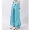 الجينز النسائي 2024 Kawaii Vintage Women Pink High Weist American Wide Leg Pants Hip Hop Harajuku Straight Autumn Blue Breaters