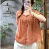 Kvinnors blusar 2024 Summer Arts Style Women Short Sleeve Loose Single Breasted Shirt All-Matched Casual Solid Cotton Linen Blouse Tops P571