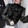 Dames blouses Koreaanse ruches stiksel elegante laceblouse vrouw stand kraag knop chiffon shirt lange flare mouw mode losse tops