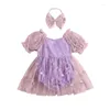 Meisje Jurken Zomeroutfits Baby Baby Bladerdeeg Mouw Romper Jurk 3D Vlinder Borduren Tule Tutu Hoofdband Kleding