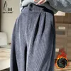 Moda coreana 2023 calças femininas inverno mais veludo perna larga casual mulher calça de cintura alta em linha reta calças soltas 240109