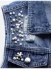 JMPRS Denim Chaleco de mujer perlas de lujo moda rasgado otoño Jeans chaqueta sin mangas abrigo corto suelto chalecos causales 5XL 240109