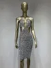 Casual Dresses Summer Women Luxury Shiny Crystal Diamond Strap Elastic Sexig Hanging Neck Open Back Dress Party Stage Performance Costume