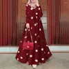 Etnische kleding Dubai Moslim Abaya Islamitische jurk Dames O-hals Stippen Print Volledige mouw Maxi Gewaad Boheems Mode Casual Elegant