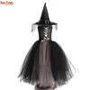 Ragazze gotiche di Halloween fantasma costume da strega manica svasata abito per bambini abito tutu con cappello da strega per la festa di carnevale di Purim 240109