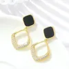 Dangle Earrings Fashion Geometry Rhombus Drop For Women Golden Color Hollow Square Black Enamel Oil Crystal Jewelry