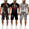 Survêtements pour hommes 2023 Nouveaux hommes Crâne 3D T-shirts / shorts / costumes imprimés gothique punk t-shirt décontracté hip hop vêtements de rue joggeurs d'été 2 pièces ensembles T240110