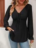 Damen-T-Shirts, elegant, strukturiert, für Damen, V-Ausschnitt, Rüschen, lange Ärmel, schlanke Bluse, OL, Dame, Herbst, Frühling, Tops, Kleidung, T-Shirts 2024