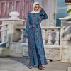 Ethnische Kleidung Floral Maxi Kleid für Frauen 2024 Eid O Neck Flare Langarm Plissee Swing Elegante Gürtel Arabisch Oman Muslim afrikanische Gerinnsel