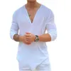 European and American Amazon Independent Station New Men's Shirt V-neck Casual Solid Color T-shirt 2023 Men's Cotton Linen Shirt Long Sleeved