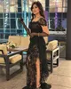 Sexy Illusion Lace Prom Evening Dresses Square Neck Short Sleeve Side Split vestidos de fiesta Draped Black Party Gown