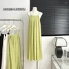 Casual Kleider Elegante Frauen Spaghetti Strap Ärmelloses Plissee Midi Kleid 2024 Sommer Strand Urlaub Boho Lange Vestidos