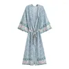 Kvinnors badkläder 2024 Boho Larvender Small Flower Print Long Kimono Shirt Ethnic Full Sleeve Tie Bow Sashes Holiday Cardigan Loose Cape