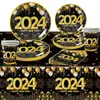 Украшение вечеринки, 2024 год, одноразовая посуда, черное золото, счастливый декор, бумажная тарелка, фон, принадлежности для баннеров