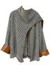 DEAT mode femmes rayure laine vestes écharpe col PU cuir bordure contrat couleur lâche châle veste hiver 7AB2025 240109