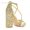 Sandaler Kvinnor Metalliska glitter kvällskor Peep Elegant Chunky Heel Ankle Strap Justerbar guld silver öppen ihålig klänning