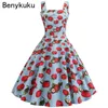 Casual Dresses Sexy Vintage Cherry Print Summer Dress Women 2024 Retro Spaghetti Strap Party 50s 60s Pin Up Rockabilly Robe Femme