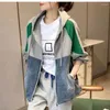 女性用ジャケットファッションデニムジャケット韓国カジュアルフード付きスウェットシャツ春と秋のパッチワーク2024