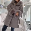 Furyoume Women Real Fur Coat Winter Winter Scender Sould Cashmere Wool Blends Streetwear Fox Natural Fost Fur Hood Belt