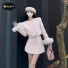 Kore Sonbahar Kış Tatlı Tweed etek takım elbise kadın sevimli kürk manşet yün ceketler mini etek mor zarif set kadınlar 2 adet şık 240109
