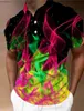 Мужские футболки Модная мужская рубашка поло с графическим принтом Flame Turndown Outdoor Street Одежда на пуговицах с короткими рукавами и принтом ApparelL240110