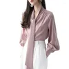 Women's Blouses 2024 Casual Shirt Satin Front Collar Tie Up Long Sleeved Cuffs Button Design For Women