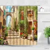 Shower Curtains Oil Painting Flower Town Building Street Scenery Garden Background Wall Decor Cloth Shower Curtains Home Decor Bathroom Curtain