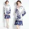 Mädchen Boutique Bedrucktes Kleid Langarm Rüschenkleid 2024 Frühling Herbst Blumenkleid High-End-Mode Dame V-Ausschnitt Kleider OL Runway Kleider