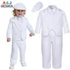 Baby Boy Baptism Outfit niemowlę biały chrzest z kapeluszem maluch ślubny przyjęcie urodzinowe ubranie z długim rękawem Tuxedo 5pcs 240109