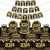 Украшение вечеринки, 2024 год, одноразовая посуда, черное золото, счастливый декор, бумажная тарелка, фон, принадлежности для баннеров