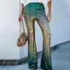 Kvinnors byxor 2024 Spring Summer Clothing Sparkly Gradient Sequin Flare Trousers Party Clubwear High midja Glitter för kvinnor