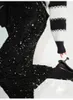 Hirsionsanハイウエストスパンコールスカート女性秋のオフィスレディベーシックミディスカートシックエレガントな光沢のある長い黒いスカート240110