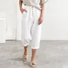 Pantalon femme blanc coton lin cordon de serrage ample jambe large taille haute pantalon avant boutonné poche pantalon femme Capri