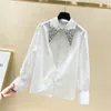 High Quality Pearls Diamonds Collar White Shirt Women Tops Mujer Spring Arrival OL Elegant Blouse Tops Camisas Mujer 240109