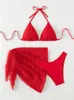 Nouveau ensemble de Bikini 3 pièces femmes solide rouge peluche vers le haut Push Ski maillot de bain 2024 luxe dentelle plage maillot de bain 240110