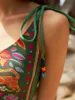 Moda Vintage Women Bikini Çiçek Baskı Bir Omuz Kravat Tasarımı Tek Parça Plaj Tatil Seksi 2024 Yeni Tasarımlar