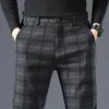 Dress Autumn Winter Casual Pants Men's British Plaid Pants Men's Stretch Slim Straight Korean Style Fashionable Fleece Trousers Men