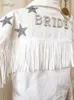 Denim Jacket With Stars White Fringe Pearl Rhinestone Personalized Bride Jacket Custom Mrs.Jean Wifey Denim Wedding Coats Tops 240109