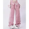 الجينز النسائي 2024 Kawaii Vintage Women Pink High Weist American Wide Leg Pants Hip Hop Harajuku Straight Autumn Blue Breaters