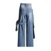 Jeans pour femmes 2024 Printemps Vintage Lavé Vieux Couture Bow Design Taille Haute Minceur Droit Bleu Vêtements