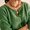 Damesgebreide damesgebreide trui met enkele rij knopen, effen kleur, eenvoudig, dubbelzijdig dragend vest met lange mouwen