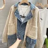 Automne hiver femmes épissage Denim veste arrivées cousu lâche épaissi tricoté pull manteau à manches longues Cardigan haut 240109