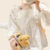 Conjunto de pijama de renda 2 peças doce dot print sleepwear com camiseta de manga completa e calças compridas aconchegante princesa conforto macio homewear 240110