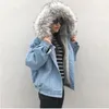 Winterjas Dames Fluwelen Dikke Denim Jas Grote Faux Bontkraag Capuchon Jean Jas Vrouwelijke Vintage Casual Uitloper 1025 240109