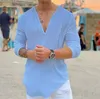 Męskie koszule T Solid V Neck marka 2024 Długie rękaw Casual Streetwear Męs