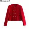 Klacwaya Women Fashion Two-Piece Set Vintage Red Tweed Double Breasted Blazer Feamle Slit Tweed Mini Skirt Chic Suit 240109