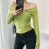 Women Cross Front Bardot Long Sleeved Top Off The Shoulder Cross Over Fitted T-shirt 240110