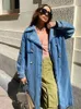 RR2418 X-Long Denim Trench Coats For Women Belt On Waist Slim Jean Coats Ladies Jaqueta Feminina Blue Jean Jacket Woman 240109